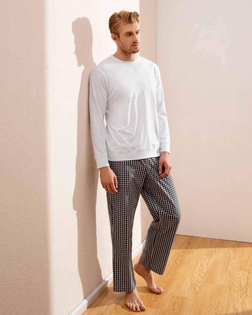 LAPASA Men's Long Sleeve Pajama Knit Top+woven Bottom Set M108R2