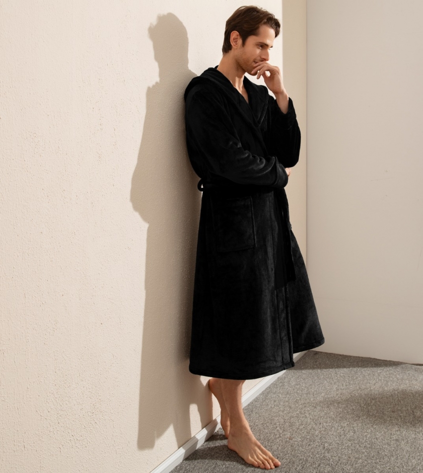 LAPASA Men's Plush Fleece Hooded Bathrobe Loungewear With Front Pockets M96R1