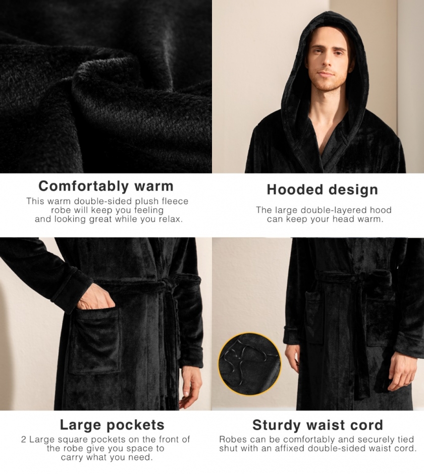 LAPASA Men's Plush Fleece Hooded Bathrobe Loungewear With Front Pockets M96R1